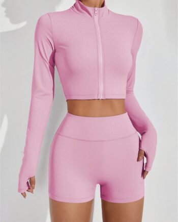 Women's 3-Piece Sportswear Set – Slim Fit Jacket, Tank Top & High-Waist Shorts