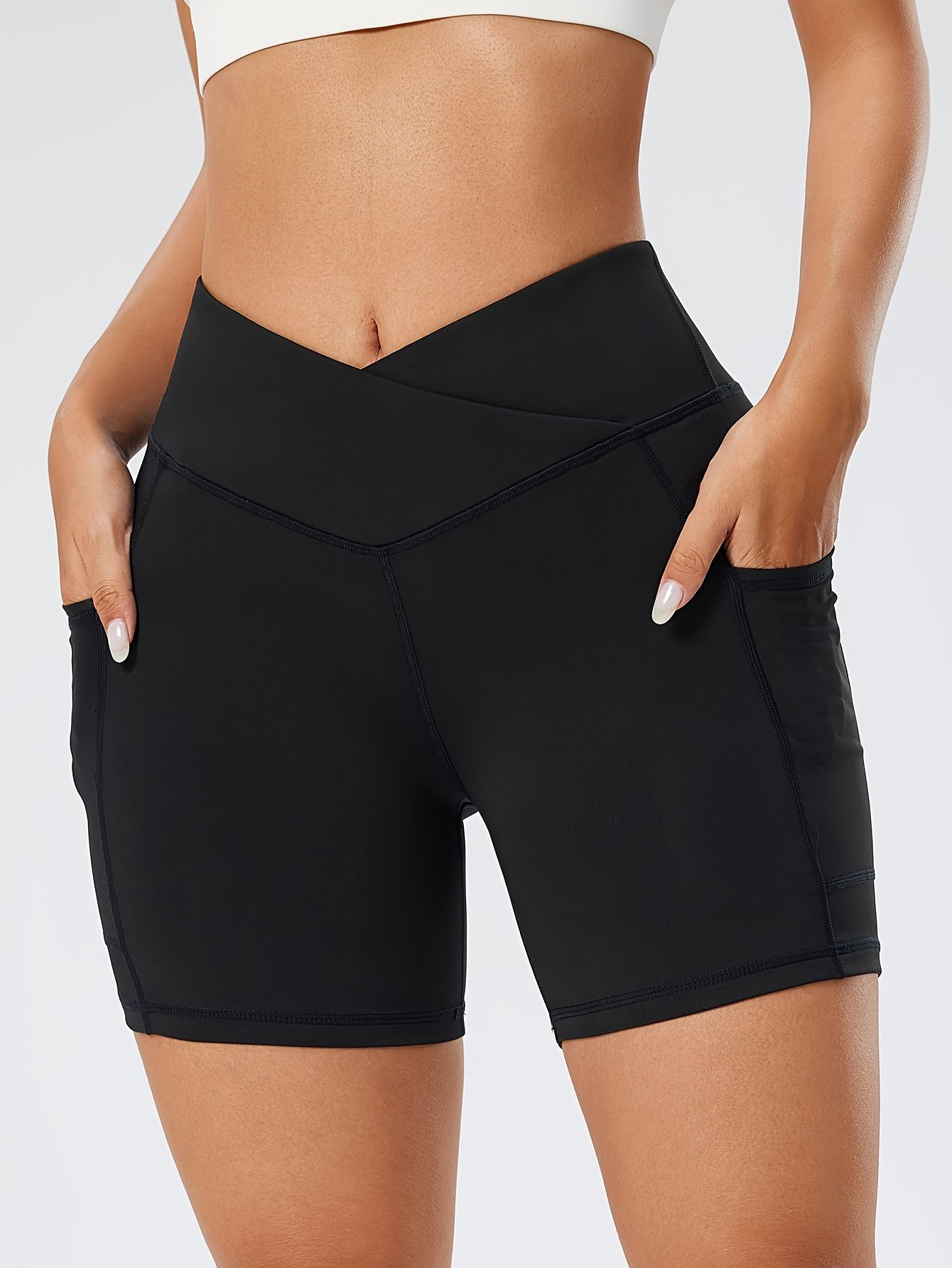 Women's High-Waisted Compression Yoga Shorts with Side Pockets