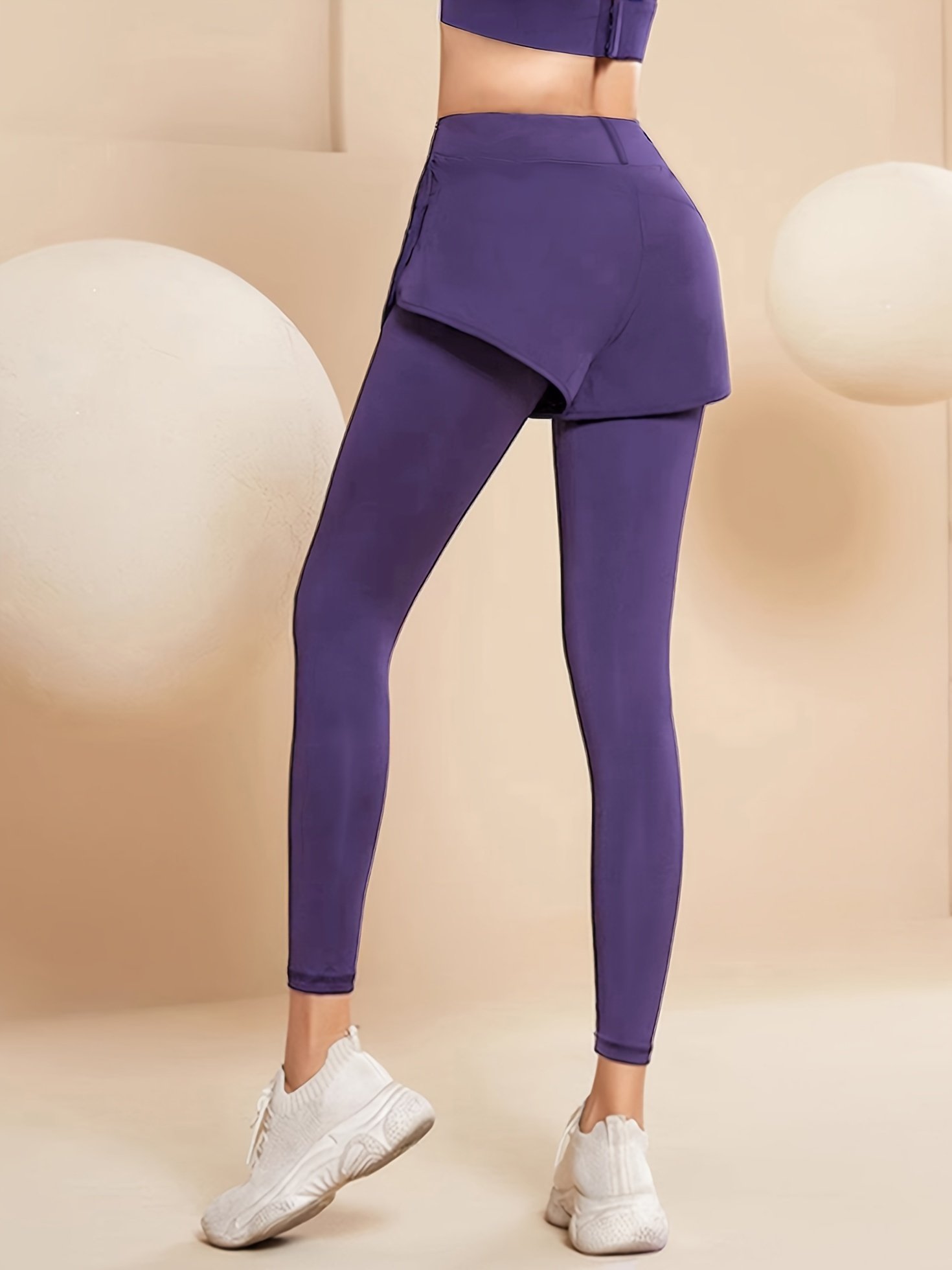 Women's High-Waist Butt-Lifting Yoga Pants – 2-in-1 Look Stretch Fitness Leggings (Purple)