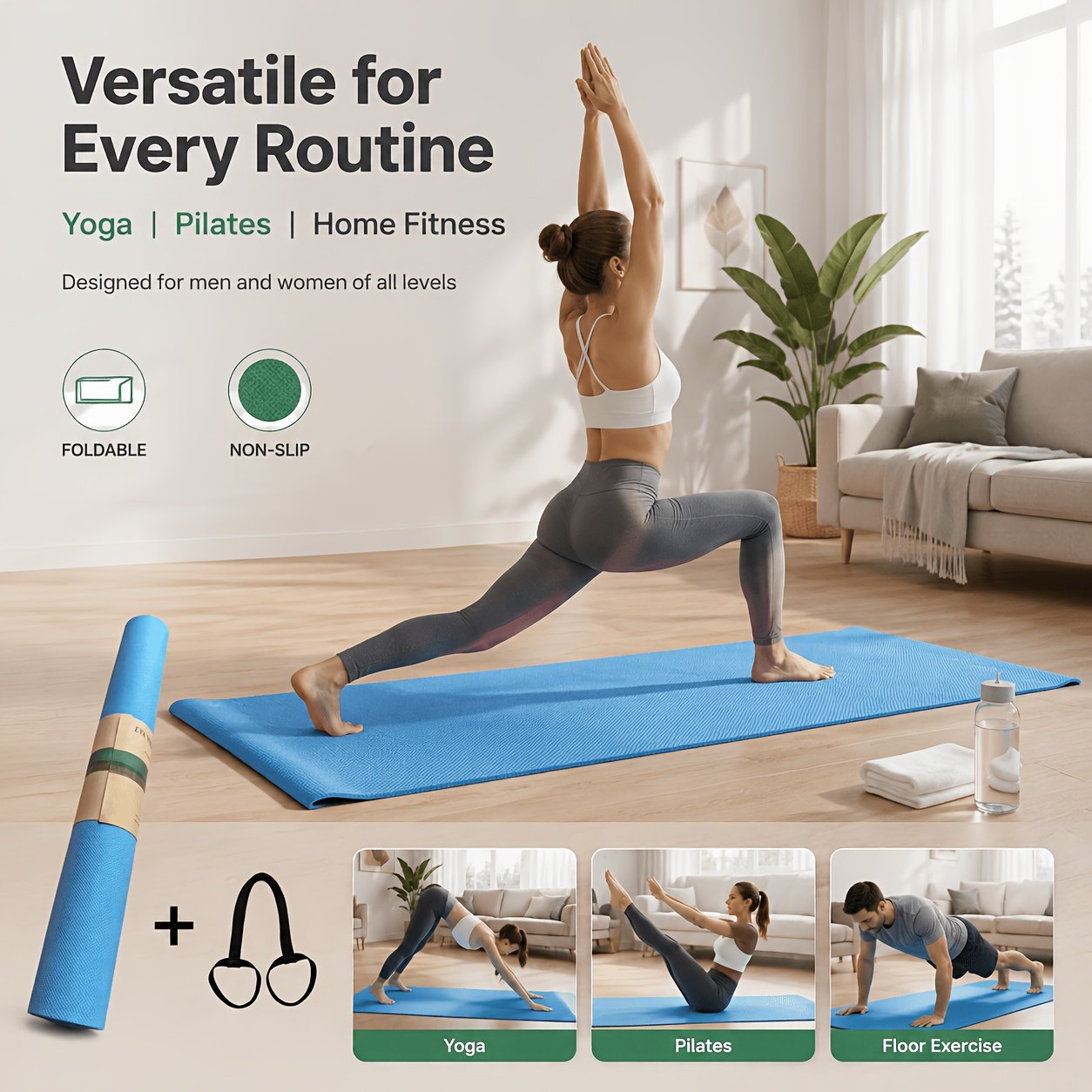 Foldable Non-Slip Yoga Mat – Lightweight Portable Exercise Mat (Pink)