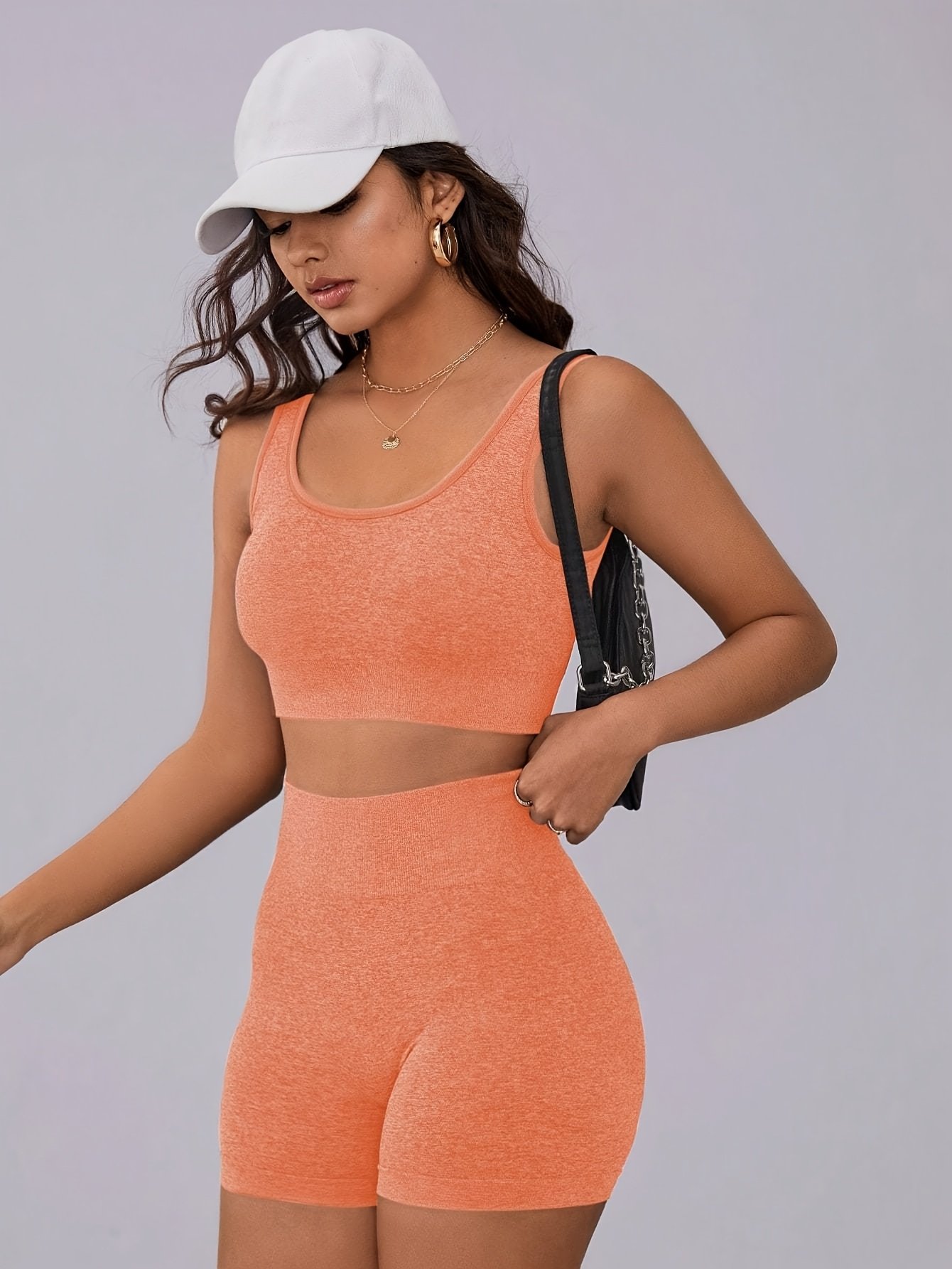 Women'S Seamless Solid Color Athletic Set Orange color