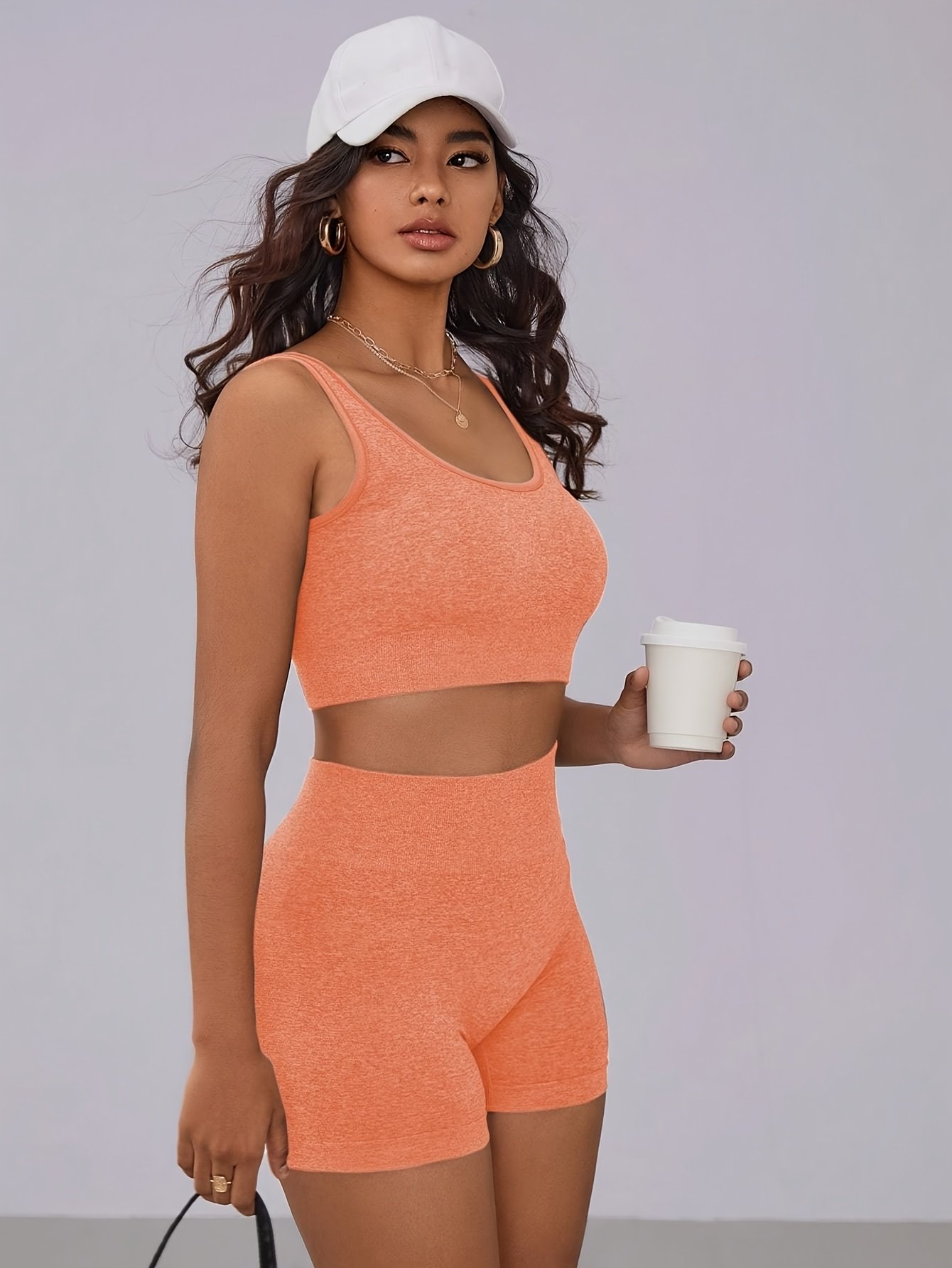 Women'S Seamless Solid Color Athletic Set Orange color
